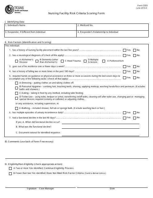 Form 2333 Nursing Facility Risk Criteria Scoring Form - Texas