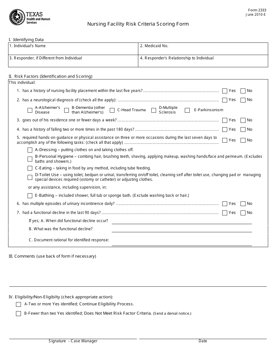 Form 2333 Nursing Facility Risk Criteria Scoring Form - Texas, Page 1