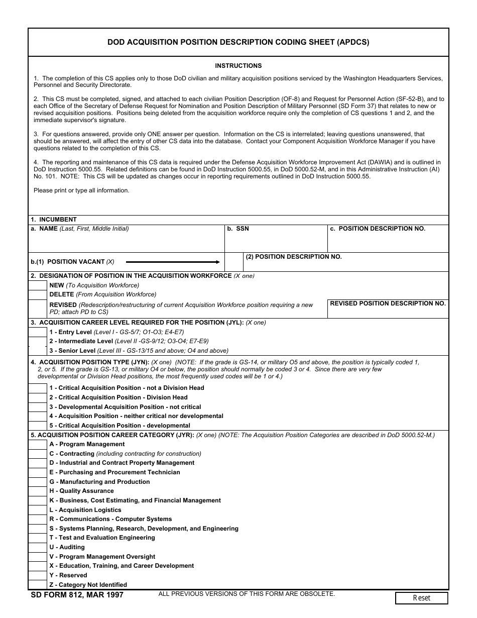 SD Form 812 DoD Acquisition Position Description Coding Sheet (Apdcs), Page 1
