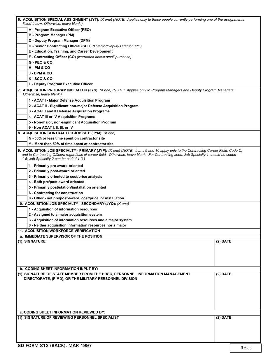 SD Form 812 DoD Acquisition Position Description Coding Sheet (Apdcs), Page 2