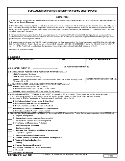 SD Form 812 DoD Acquisition Position Description Coding Sheet (Apdcs)