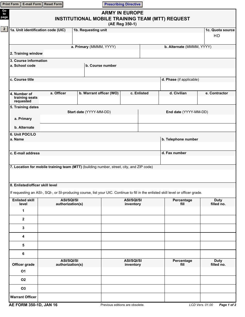 AE Form 350-1d Army in Europe Institutional Mobile Training Team (Mtt) Request, Page 1
