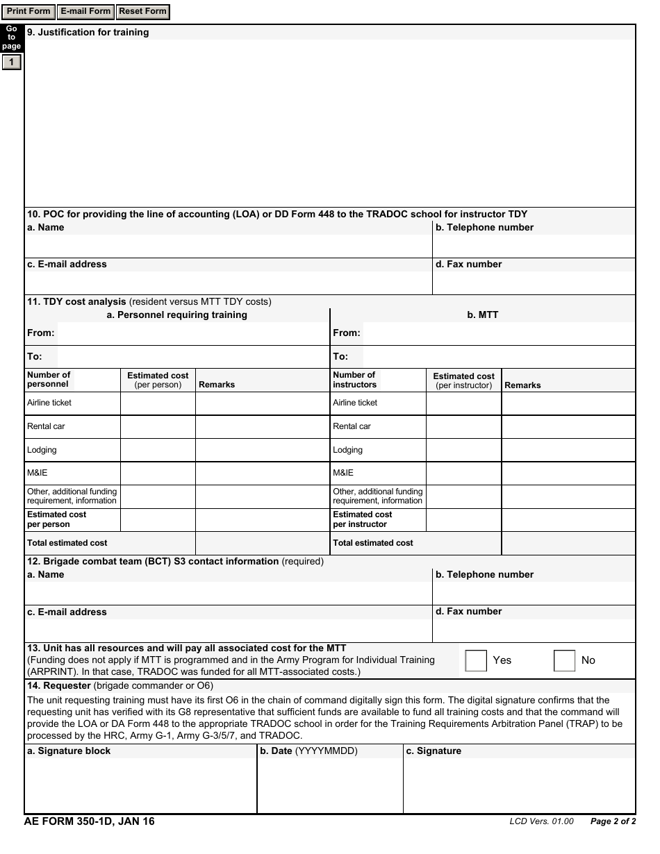 AE Form 350-1d Army in Europe Institutional Mobile Training Team (Mtt) Request, Page 2