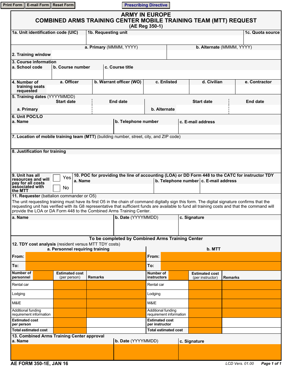 AE Form 350-1E Combined Arms Training Center Mobile Training Team Request, Page 1