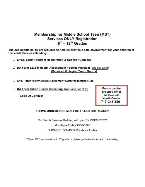 Membership for Middle School Teen (Mst) Services Only Registration Form (6 - 12 Grades) - Army War College Download Pdf