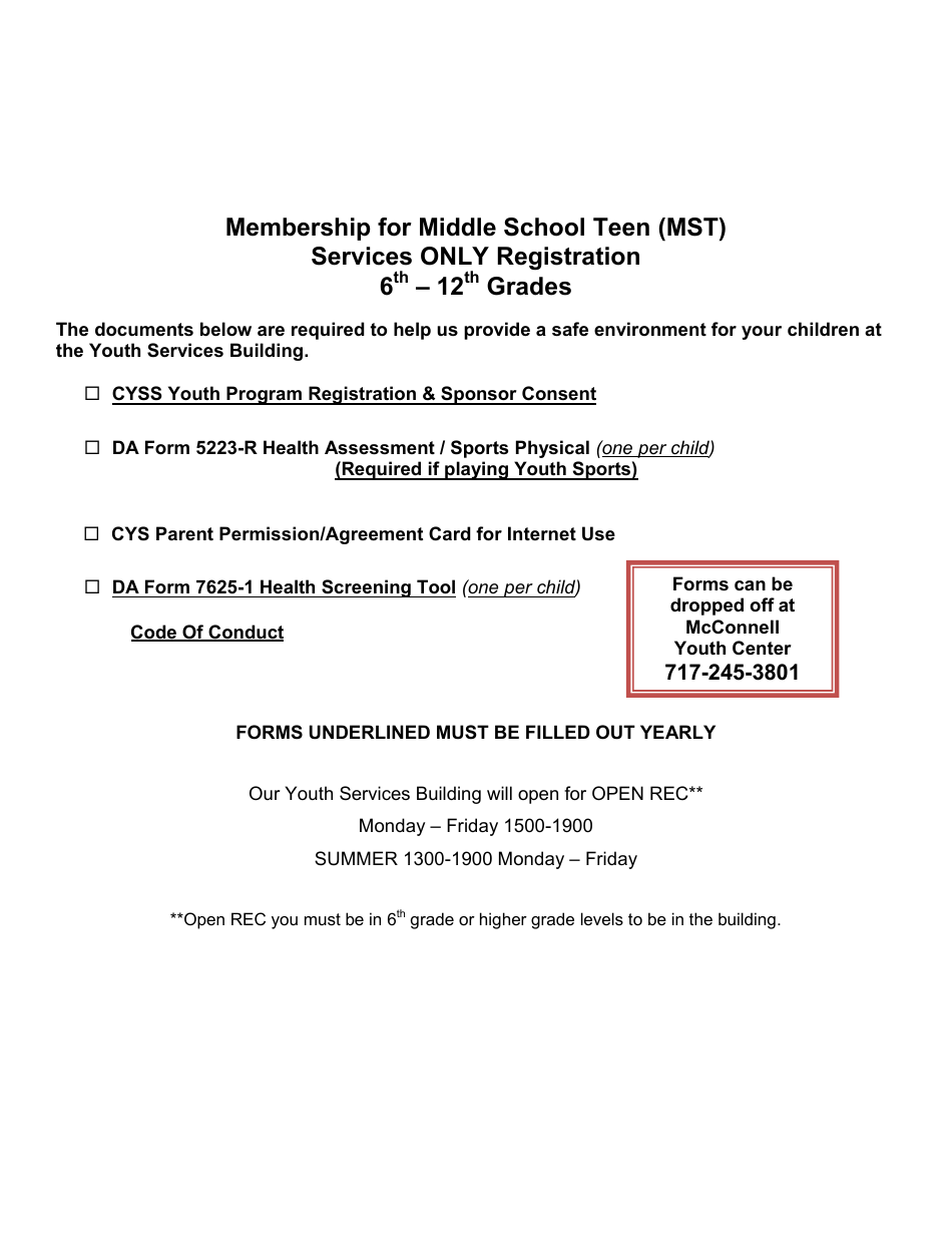 Membership for Middle School Teen (Mst) Services Only Registration Form (6  - 12 Grades) - Army War College Download Fillable PDF | Templateroller