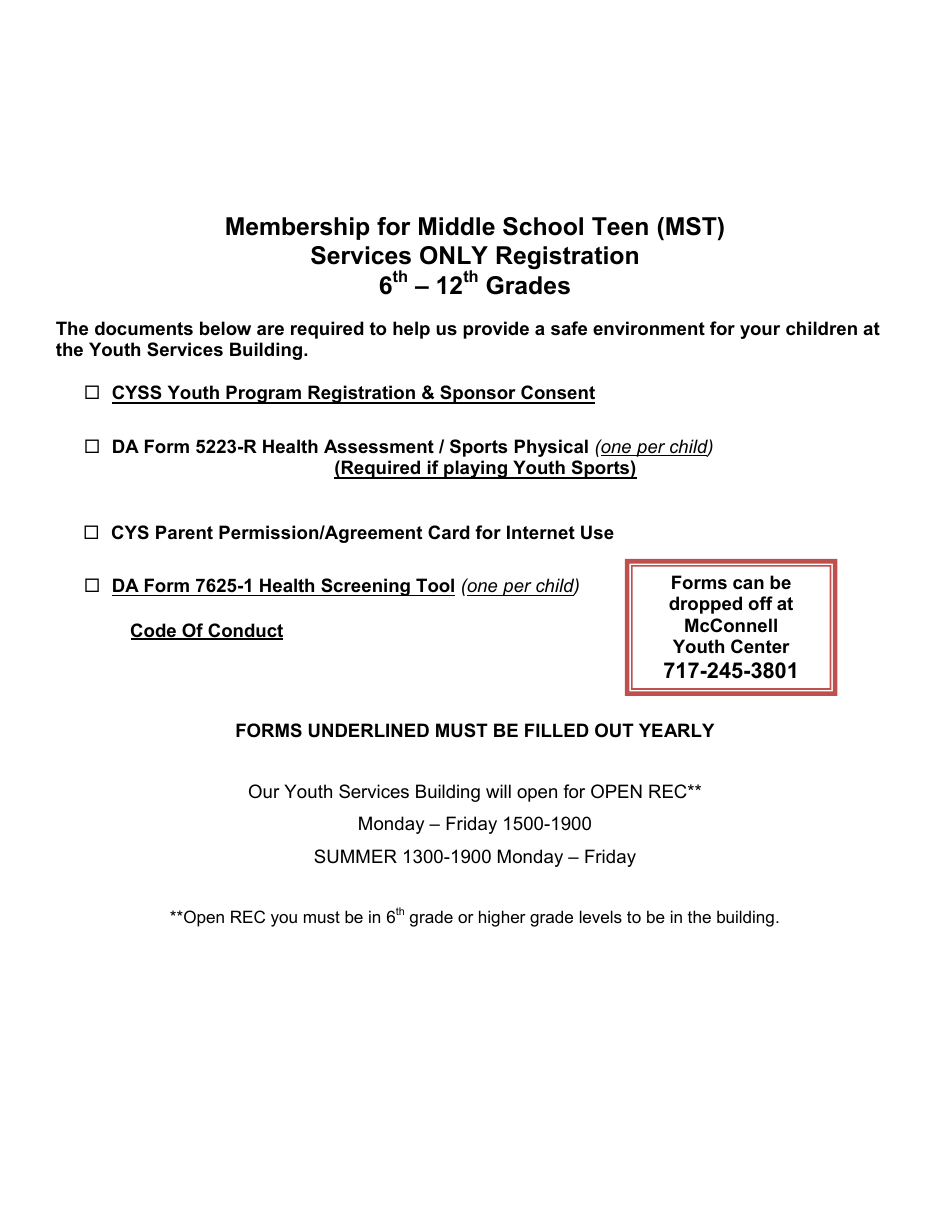 Membership for Middle School Teen (Mst) Services Only Registration Form (6 - 12 Grades) - Army War College, Page 1