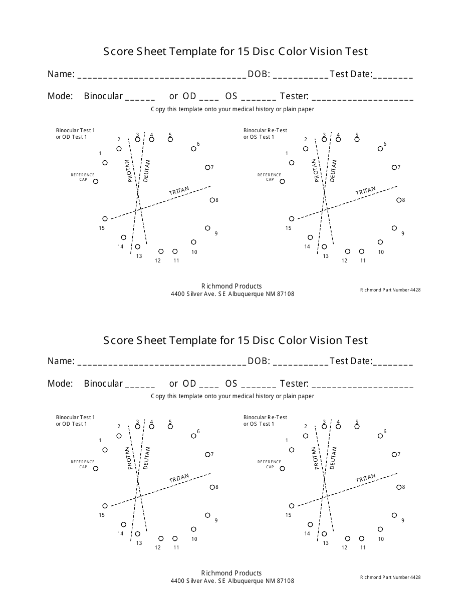 Score Sheet Template for 15 Disc Color Vision Test, Page 1