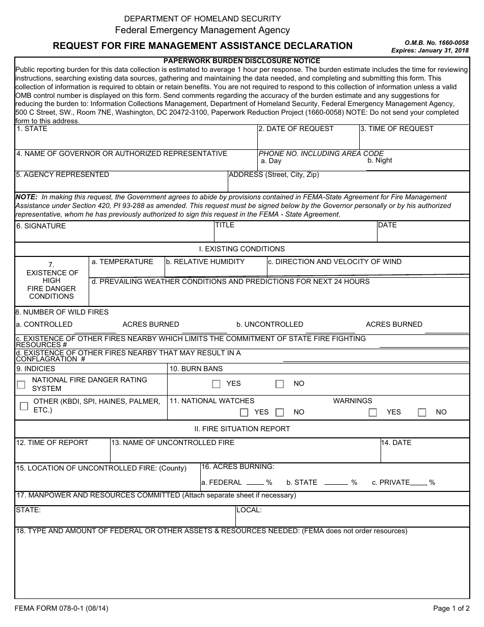 FEMA Form 078-0-1 Request for Fire Management Assistance Declaration, Page 1