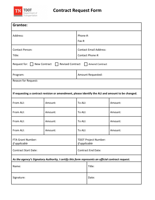 Contract Request Form - Tennessee Download Pdf