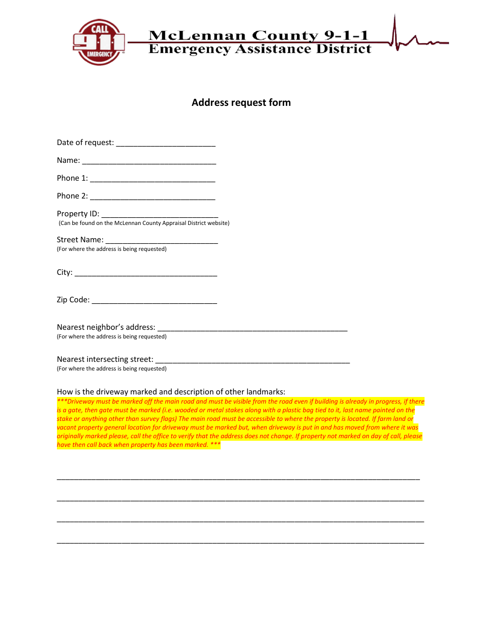 Address Request Form - Mclennan County 9-1-1 Emergency Assistance District - Texas, Page 1