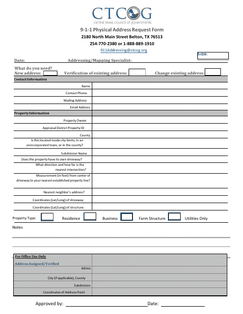 9-1-1 Physical Address Request Form - Central Texas Council of Governments - Texas Download Pdf