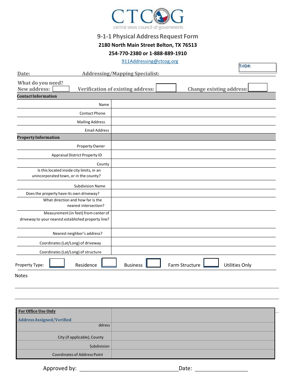 9-1-1 Physical Address Request Form - Central Texas Council of Governments - Texas, Page 1