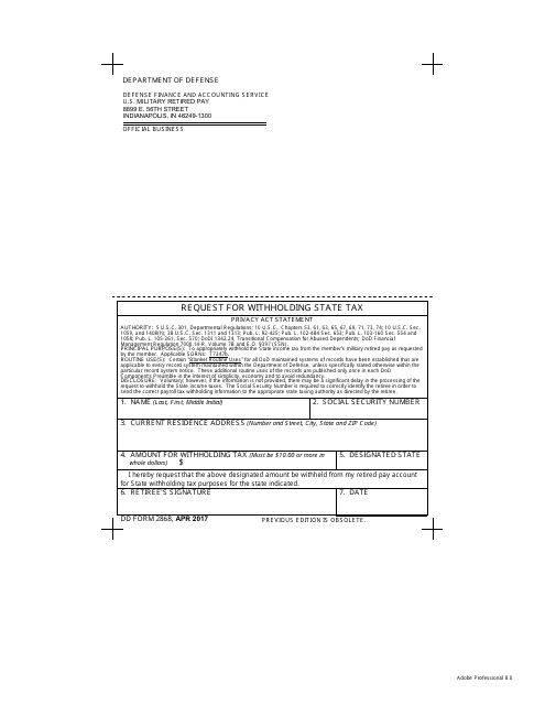 DD Form 2868 Request for Withholding State Tax