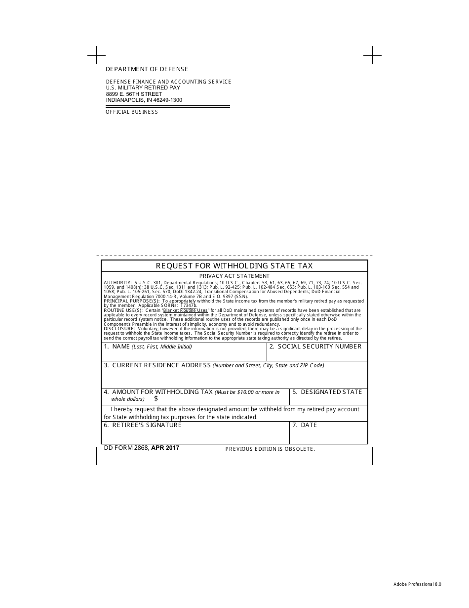 DD Form 2868 Request for Withholding State Tax, Page 1