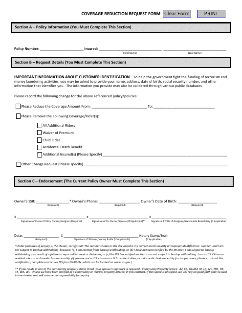 Coverage Reduction Request Form - Unified Life