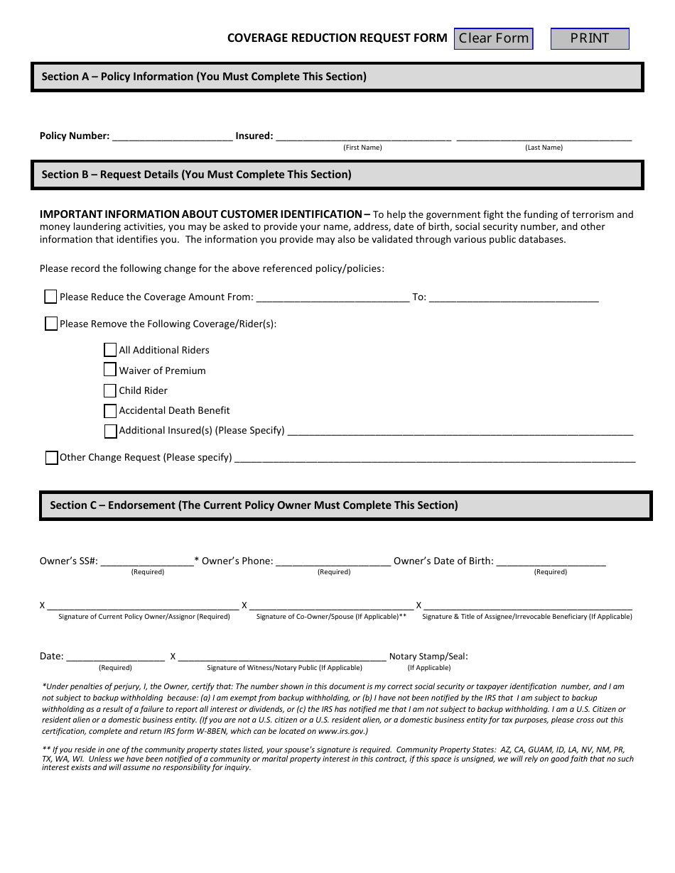 Coverage Reduction Request Form - Unified Life, Page 1