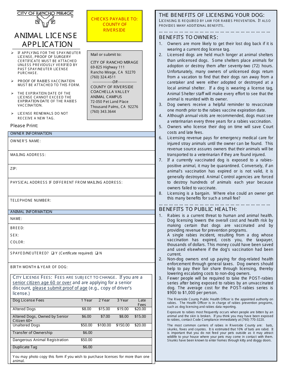 Animal License Application Form - City of Rancho Mirage, California, Page 1
