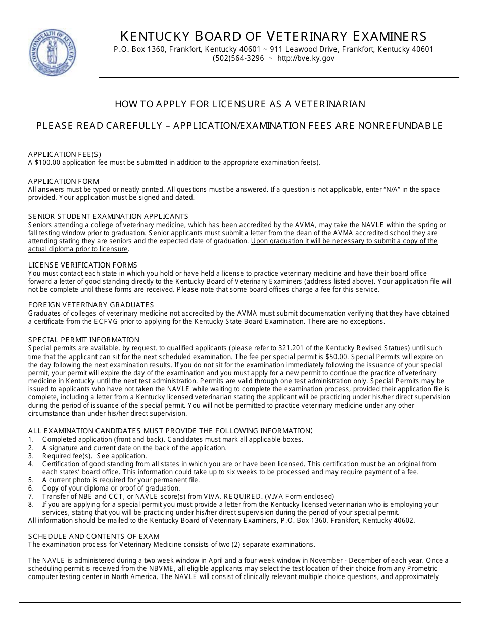 Application Form for Verification and Examination for Licensure to Practice Veterinary Medicine in Kentucky - Kentucky, Page 1