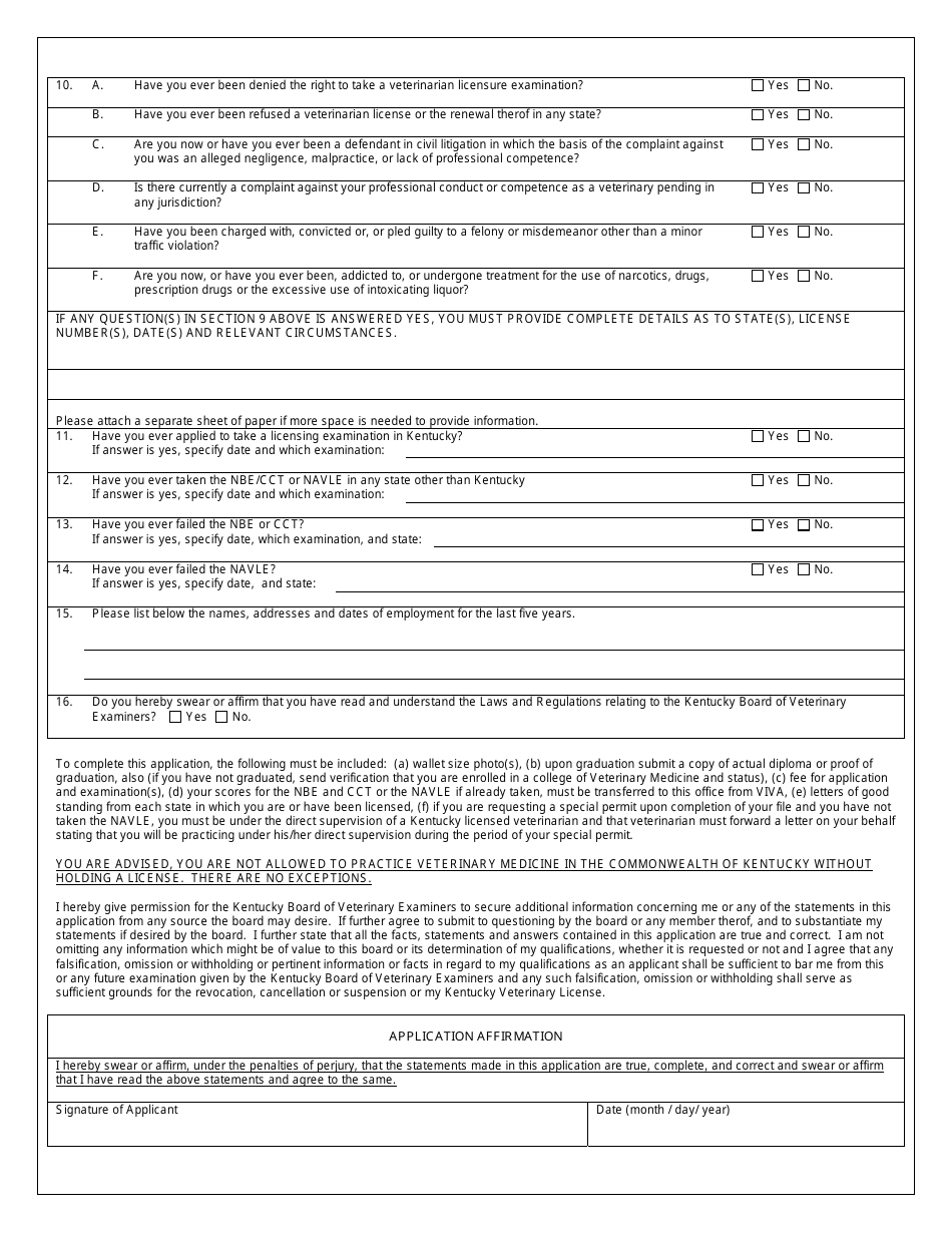 Kentucky Application Form for Verification and Examination for ...