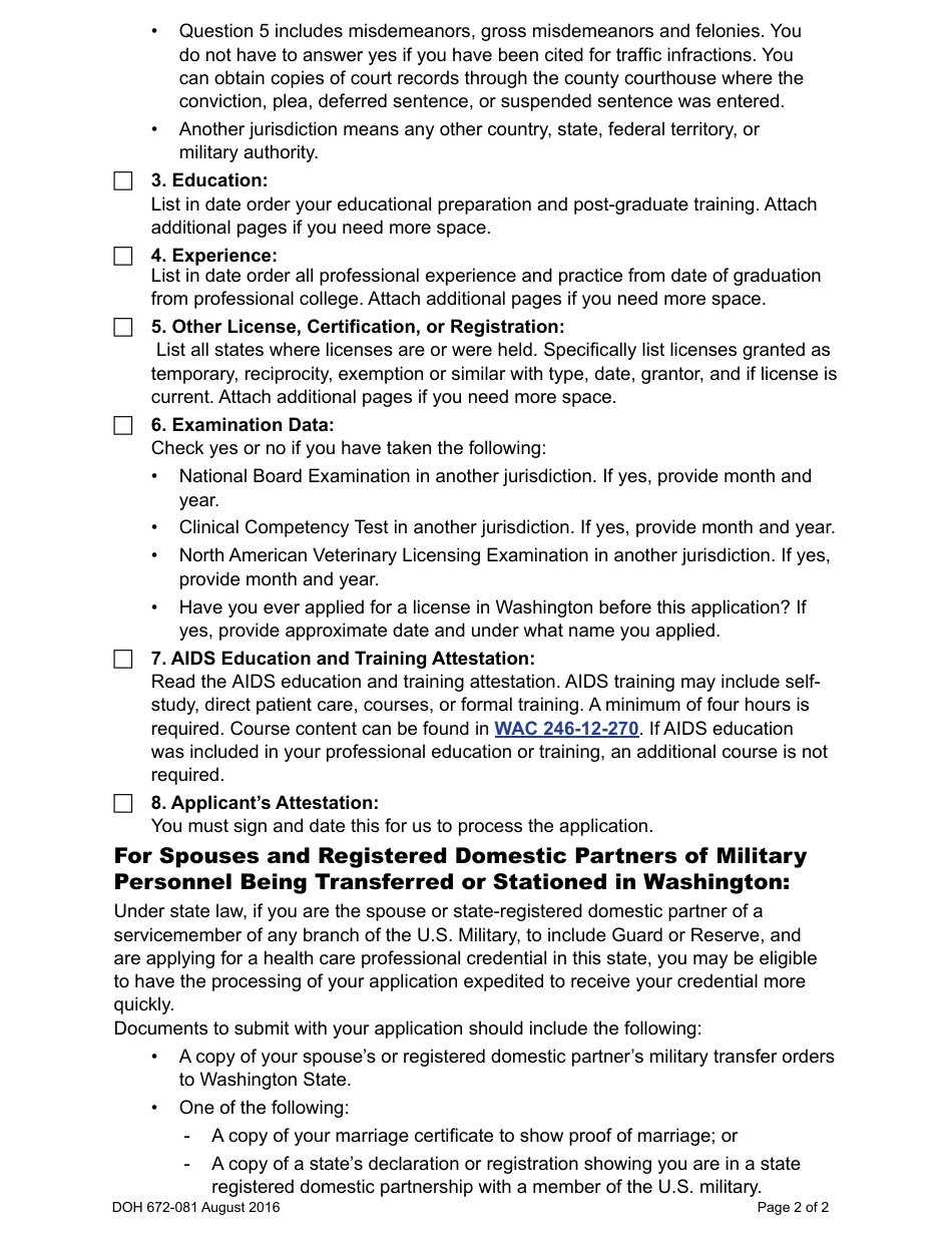 DOH Form 672-033 Veterinary Medicine, Surgery and Dentistry Application Packet - Washington, Page 4