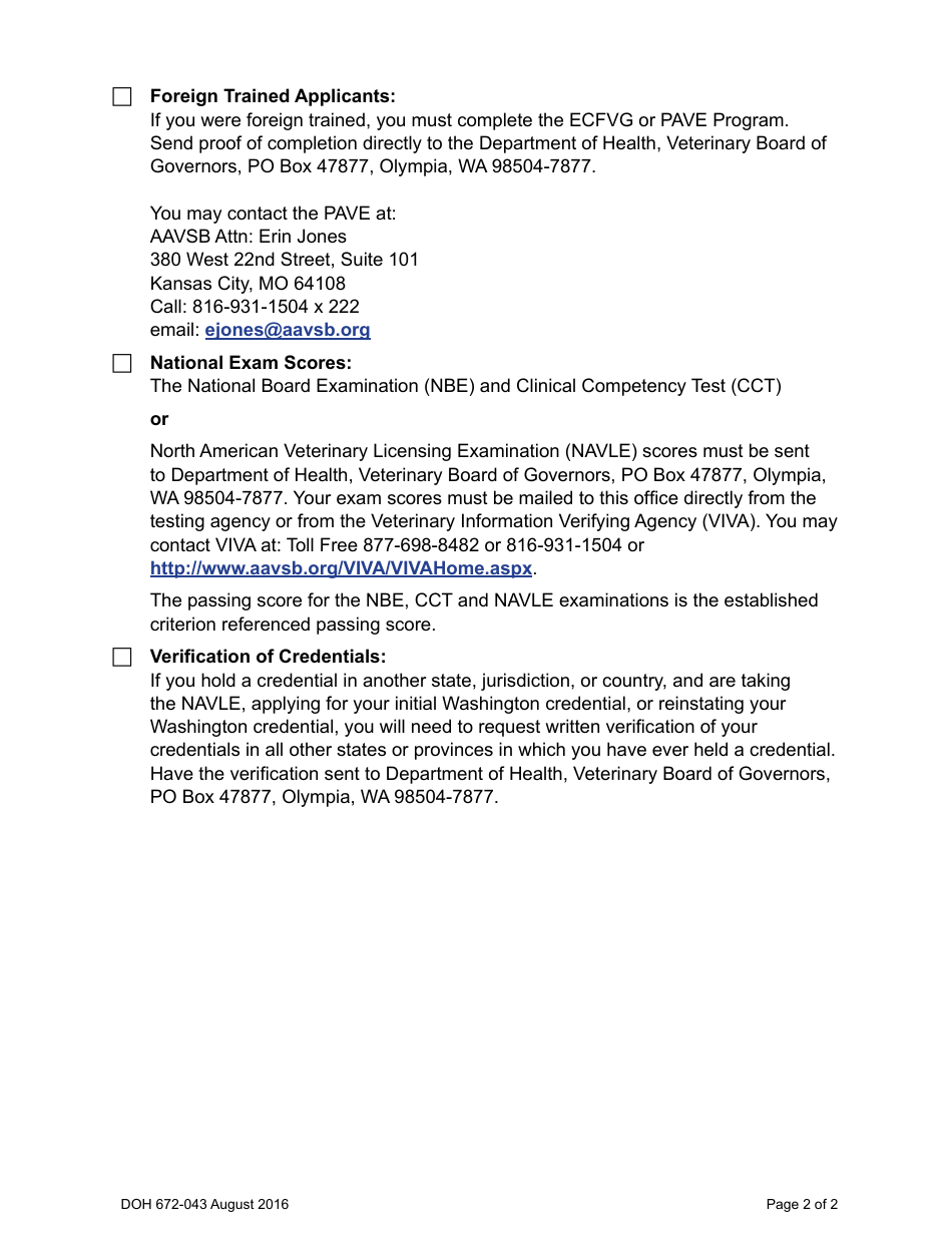 DOH Form 672-033 Veterinary Medicine, Surgery and Dentistry Application Packet - Washington, Page 6
