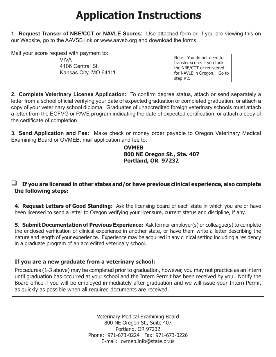 Veterinary License or Intern License Application Form - Oregon, Page 1