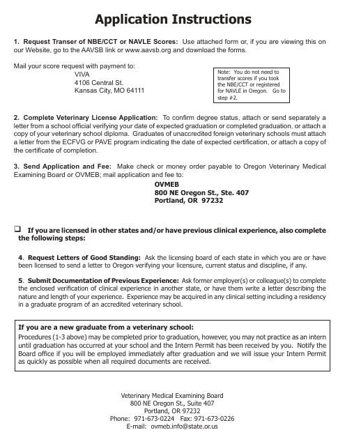 Veterinary License or Intern License Application Form - Oregon
