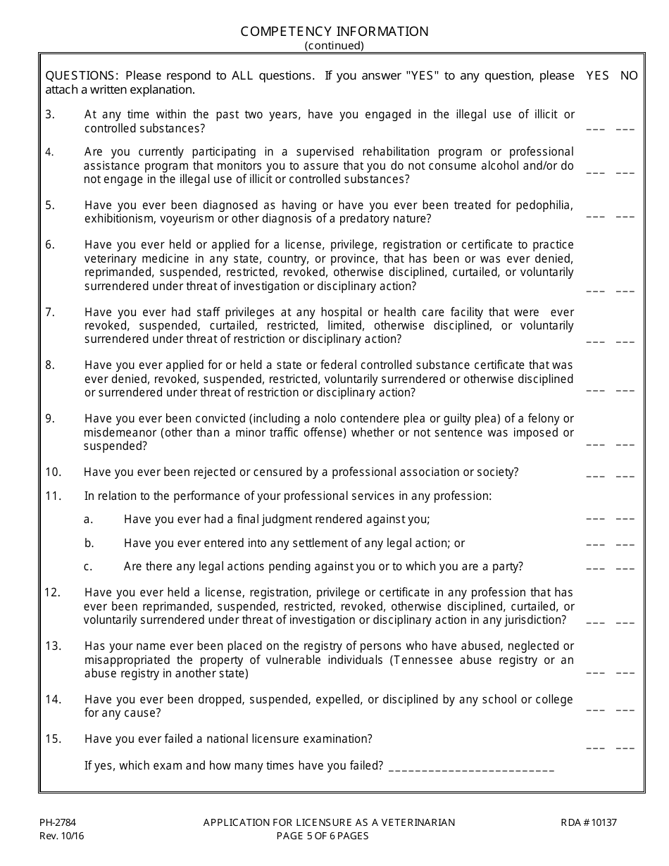Form PH-2784 Application for Licensure as a Veterinarian - Tennessee, Page 7