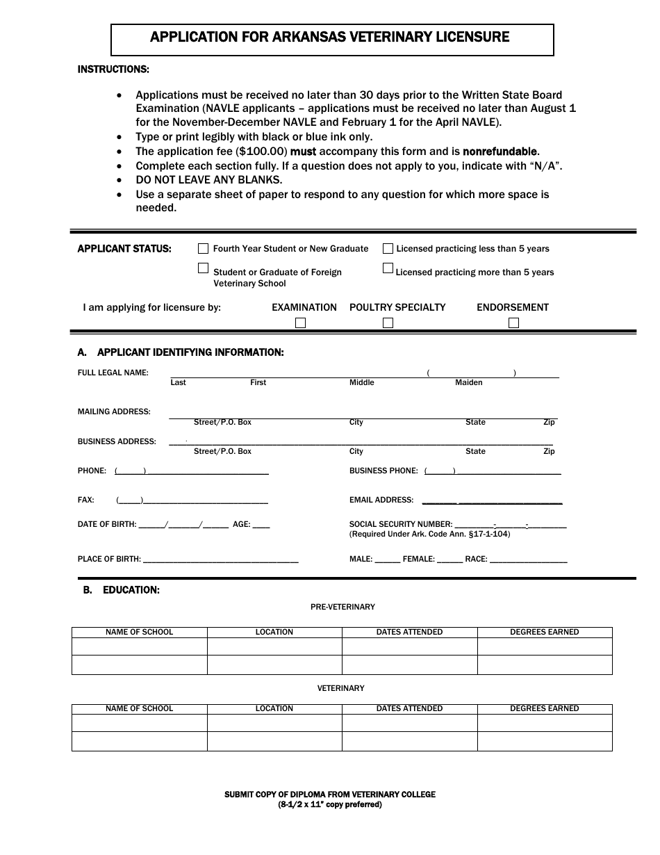 Application Form for Arkansas Veterinary Licensure - Arkansas, Page 1