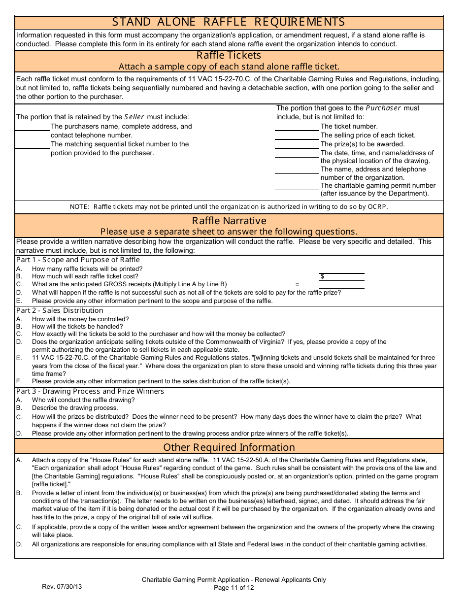 Form 201-R Charitable Gaming Permit Application - Renewal Applicants Only - Virginia, Page 11