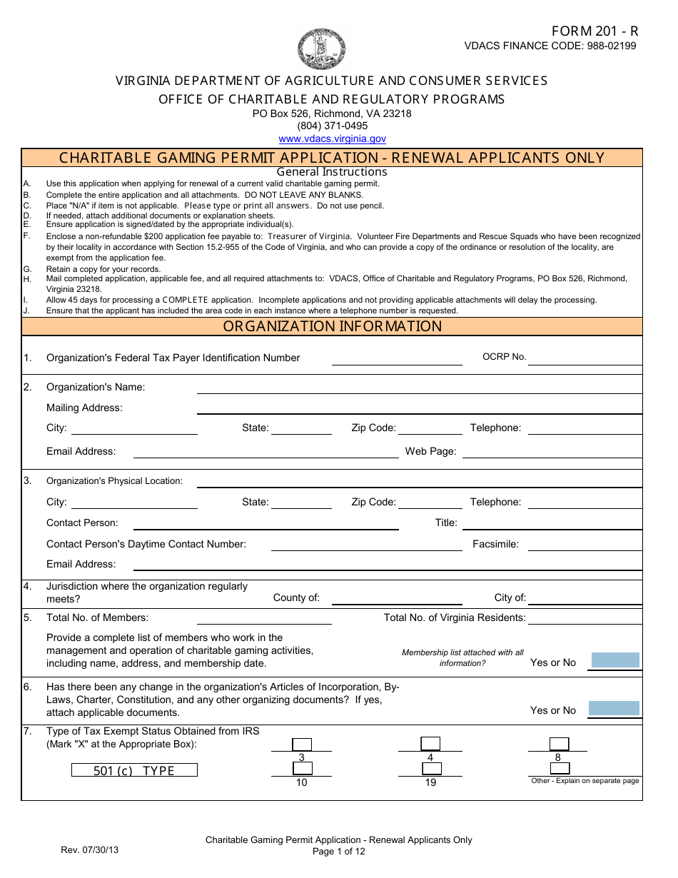 Form 201-R Charitable Gaming Permit Application - Renewal Applicants Only - Virginia, Page 1