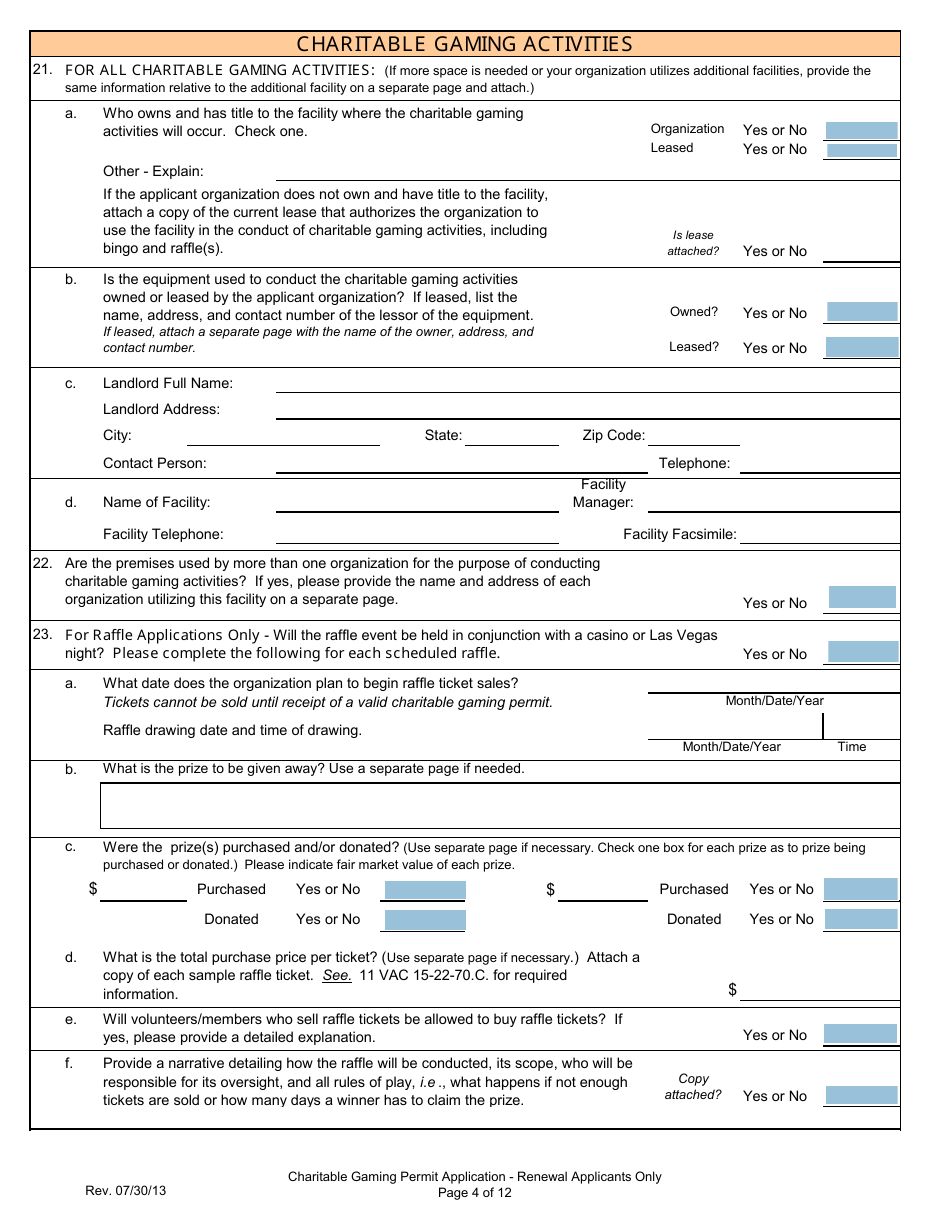 Form 201-R Charitable Gaming Permit Application - Renewal Applicants Only - Virginia, Page 4