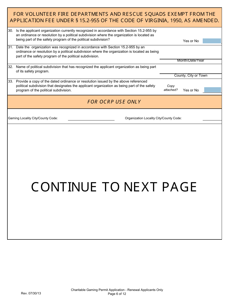 Form 201-R Charitable Gaming Permit Application - Renewal Applicants Only - Virginia, Page 6