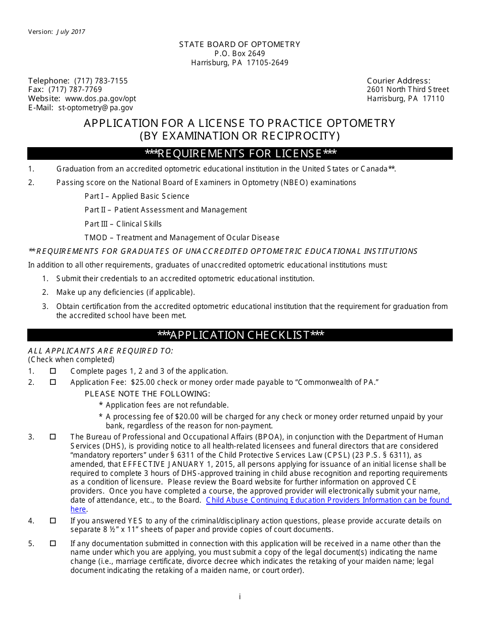 Application Form for a License to Practice Optometry (By Examination or Reciprocity) - Pennsylvania, Page 1