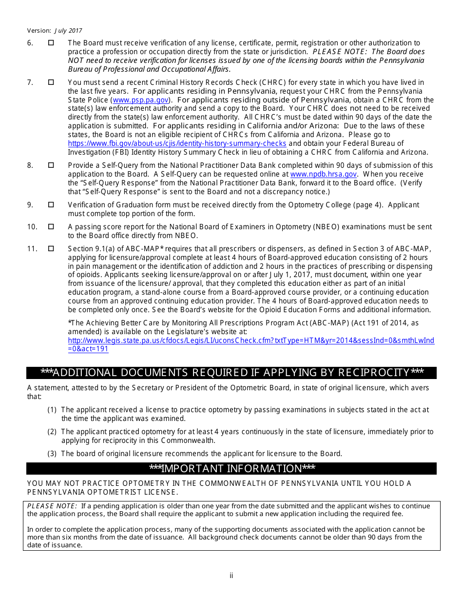 Application Form for a License to Practice Optometry (By Examination or Reciprocity) - Pennsylvania, Page 2