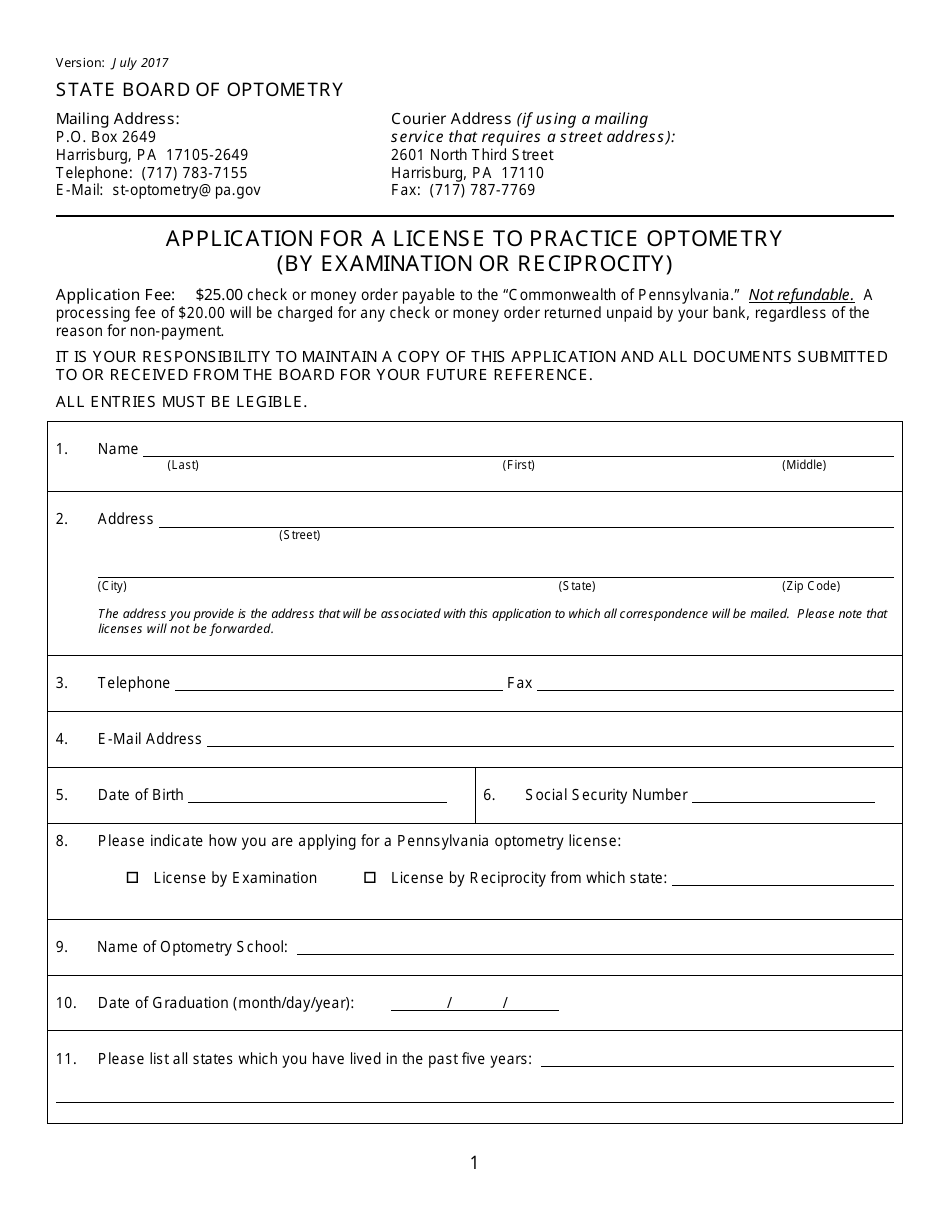 Application Form for a License to Practice Optometry (By Examination or Reciprocity) - Pennsylvania, Page 3