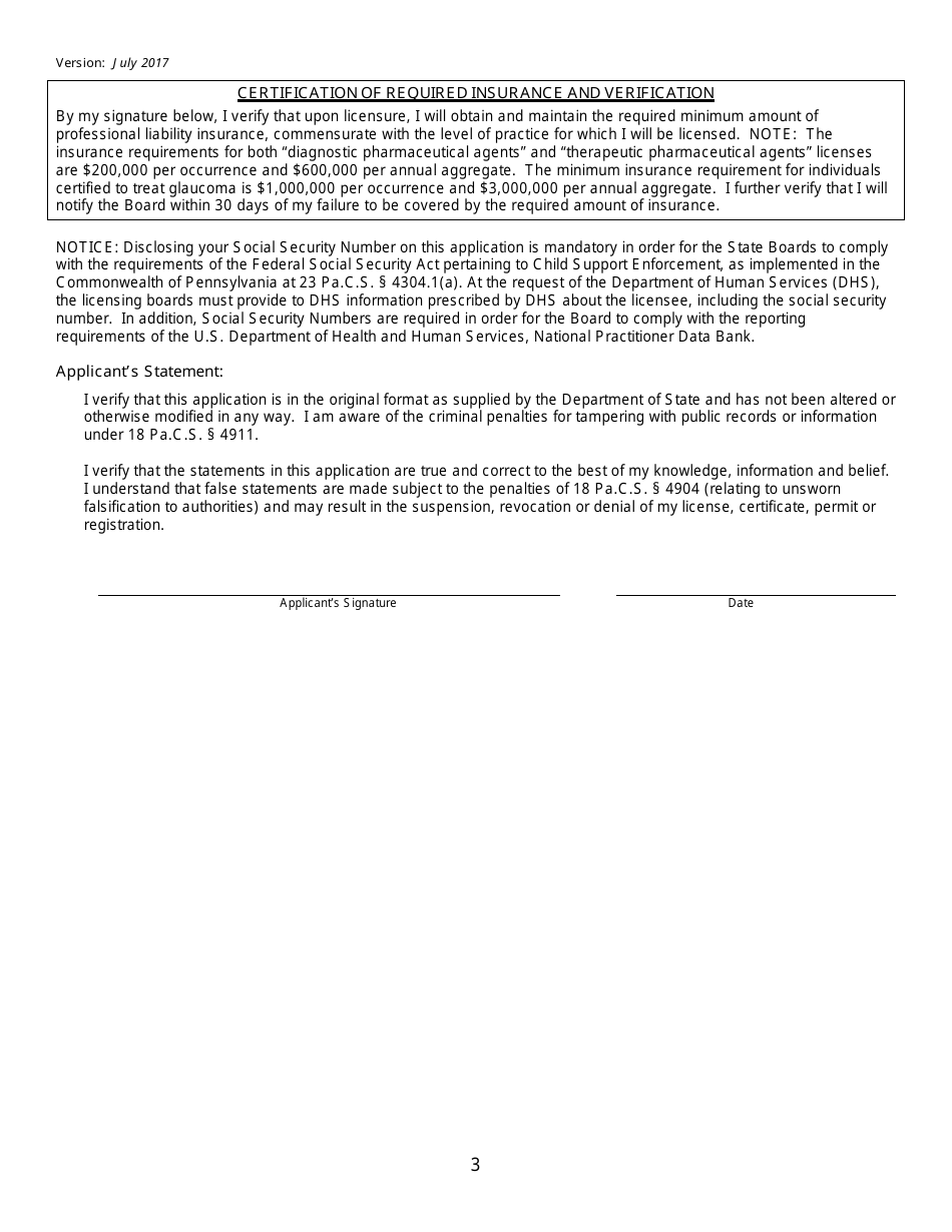 Application Form for a License to Practice Optometry (By Examination or Reciprocity) - Pennsylvania, Page 5