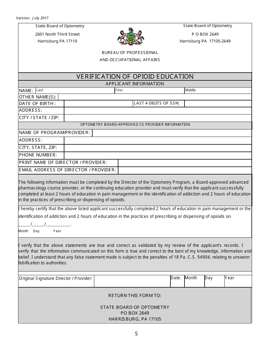 Application Form for a License to Practice Optometry (By Examination or Reciprocity) - Pennsylvania, Page 7