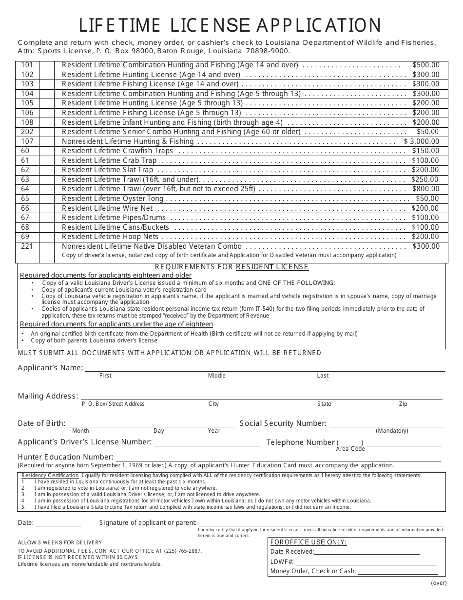 Lifetime License Application - Louisiana, Page 1