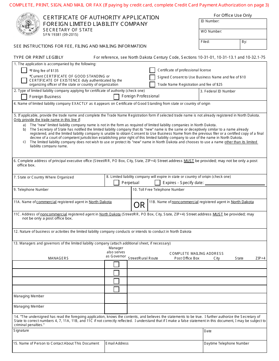 Form SFN19381 Certificate of Authority Application Foreign Limited Liability Company - North Dakota, Page 1
