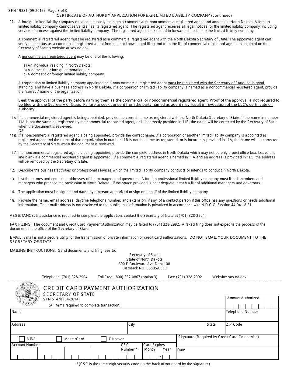 Form SFN19381 Certificate of Authority Application Foreign Limited Liability Company - North Dakota, Page 3