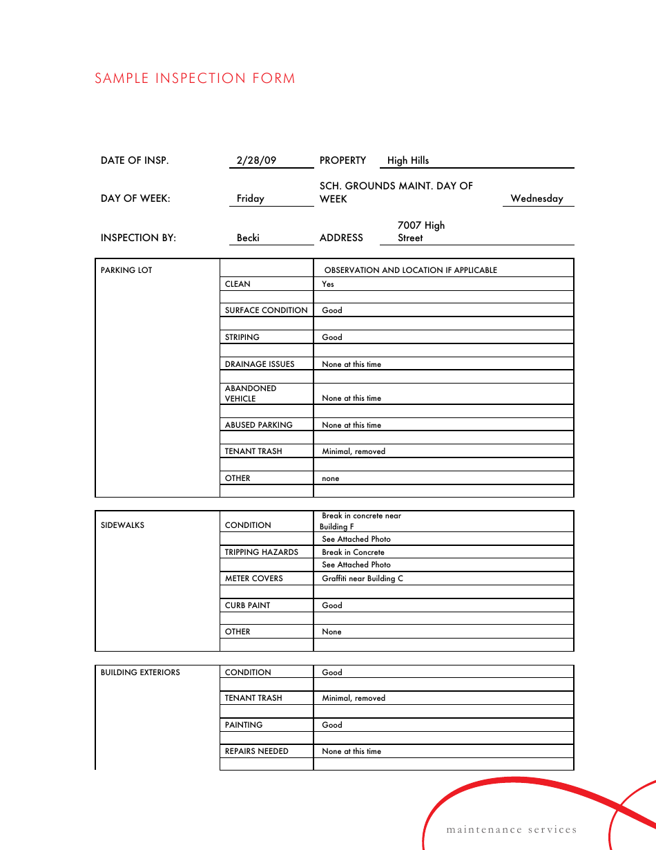 Sample Inspection Form - Maintenance Services, Page 1