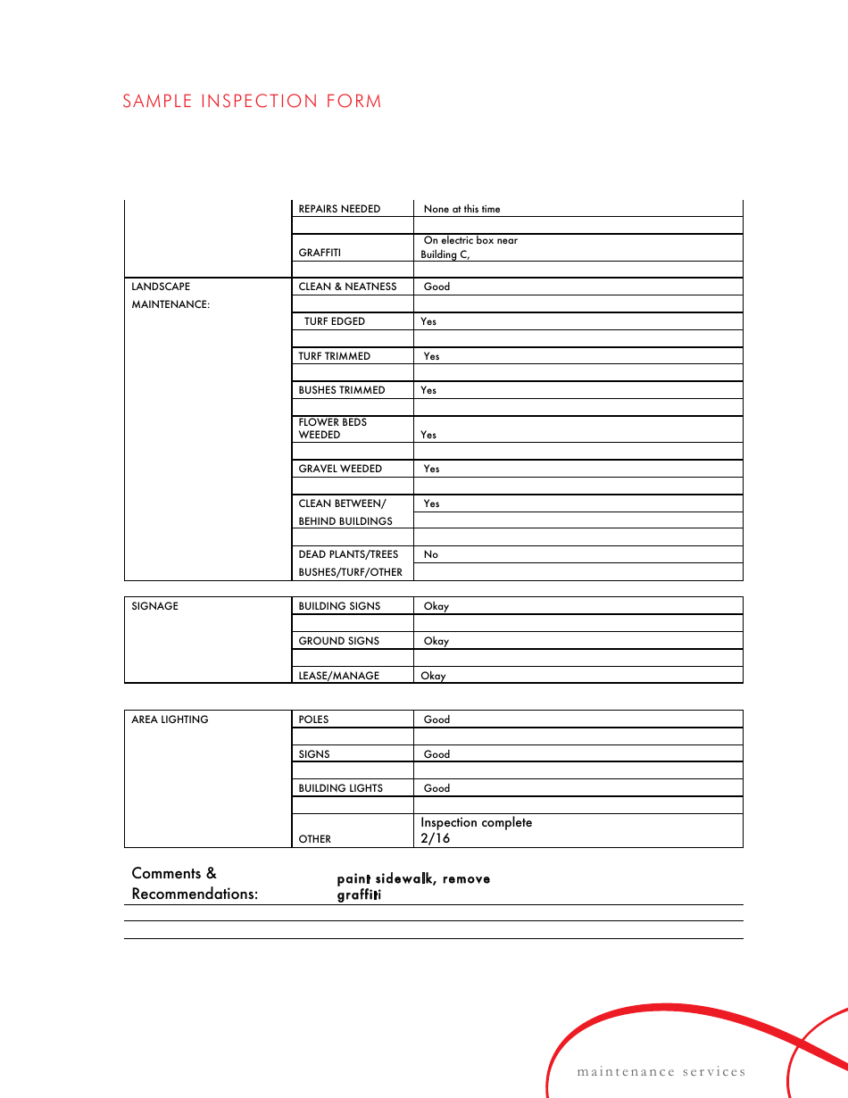 Sample Inspection Form - Maintenance Services, Page 2