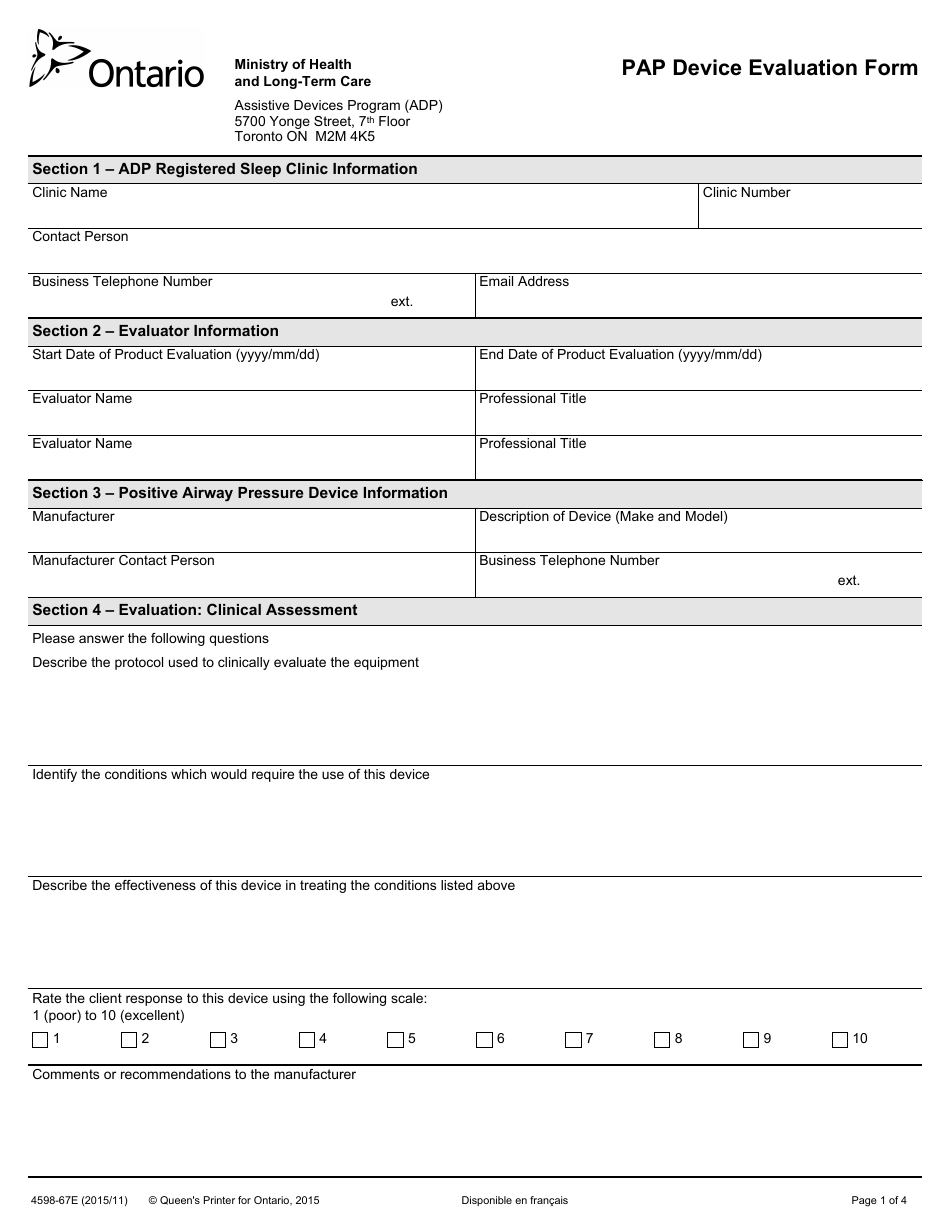 Form 4598-67E Pap Device Evaluation Form - Assistive Devices Program (Adp) - Ontario, Canada, Page 1