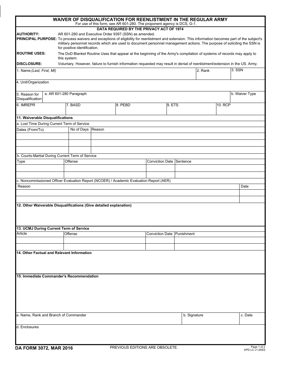 DA Form 3072 Waiver of Disqualification for Reenlistment / Promotion in the Regular Army, Page 1