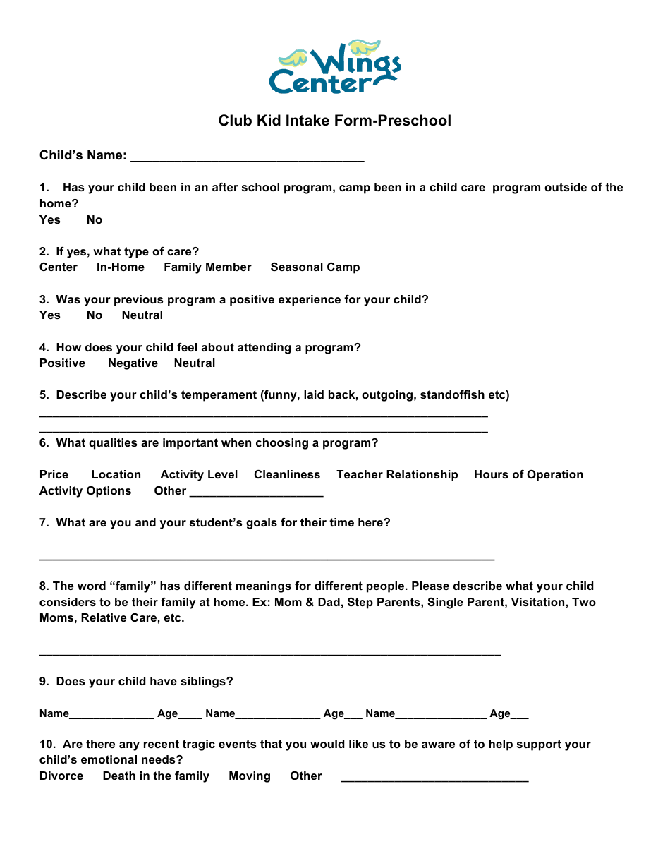 Preschool Club Kid Intake Form - Wings Center, Page 1