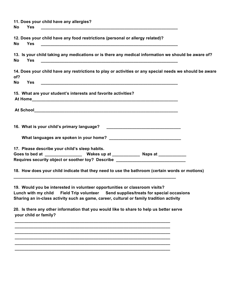 Preschool Club Kid Intake Form - Wings Center, Page 2