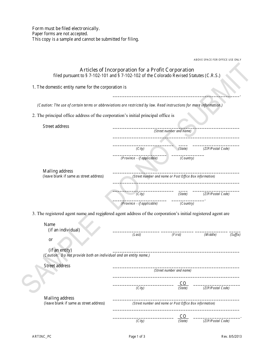 Sample Articles of Incorporation for a Profit Corporation - Colorado, Page 1