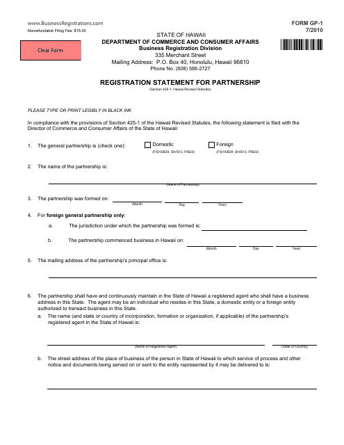 Form GP-1 Registration Statement for Partnership - Hawaii